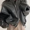 Femmes cuir ZCSMLL personnalisé col montant fermeture éclair conception ourlet cordon lâche bulle manches moto manteau femmes coréen Chic