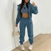 Pantalon de deux pièces pour femmes hiver Streetwear pantalon polyvalent costume femme haut court décontracté Y2K chaud 3 pièces ensembles femmes cardigan sweats à capuche