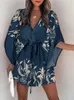 Women's Swimwear V-neck Flared Sleeve Bikini Cover Up For Woman Navy Loose Lace Up Holiday Beach Tunic Summer Mini Dress Beachwear 230408