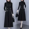 Robe de travail noire sans manches à bretelles, ensemble deux pièces pour femmes, costumes à col roulé, pull élastique et gilet Maxi, automne hiver 2023