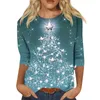 Women's T Shirts Christmas Pullovers for Women 3D Tree Print Autumn 3/4 Sleeve Tops Sweatshirts Loose Streetwear Ropa de Mujer