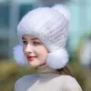 Beanie/Skull Caps Winter Real Mink Fur Hat For Women Sticked Mink Fur Ear Warm Cap Spiral Beanies Cap med Fox Fur Pompom på topp 231108