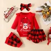 ベビー服のクリスマスキッズ服セットかわいい4枚セット長袖レターシカの印刷ロンパー+チェッカースカートショーツ+ズボンカバー+ヘッドバンド4PCSスーツ