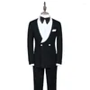 Men's Suits Elegant Black Formal Wedding Full Set For Groom Double Breasted White Shawl Lapel 2 Piece Jacket Pants Straight 2023