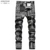 Mäns jeans Herrmode Paisley Men's Retro Jeans Black Ultra-Thin Straight Denim Men's 3D Digital målning Elastic Denim Pants 230407