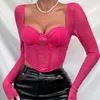 Women's T Shirts Lace Corset Patchwork Long Sleeve Bustier Crop Top Tees Sheer Sweetheart Neck Asymmetrical T-Shirts