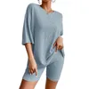 Women's Tracksuits Cotton Knitted Shirt Top Shorts Crew Neck Ladies Casual Cami Short Pants Ribbed Drop Shoulder Loose Fit Sleepwear Outfit