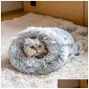 Kattbäddar möbler vinter lång plysch husdjur kattbäddar runt kudde hus 2 i 1 självvärmande s säck mysig sömnväska korg för liten hund dhafr