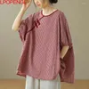 Women's T Shirts Woman Fashion Ethnic Style 2023 Summer Retro Buckle Cotton Linen Pullover Lantern Sleeve Plaid O-neck Vintage Oversized