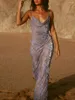 캐주얼 드레스 플로럴 인쇄 여성을위한 등이없는 바디콘 드레스 2023 이브닝 파티 스파게티 스트랩 카울 넥 맥시 섹시한 생일 의상