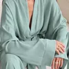 Ropa de dormir para mujer, pijamas de 2 piezas para mujer, top de manga larga, conjunto de pantalón sólido, cinturón de pijama, pijamas informales para mujer, pijamas holgados 230408