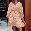 Casual jurken Elegante jurk Dames Boho-stijl V-hals Gedrukt Driekwartmouwen Vastgebonden zomer Losse damesmini