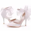 Dress Shoes Crystal Queen Woman Satin Stiletto Elegant Ankle Strap Party Bow-knot Sandals Sexy High Heels White Wedding Shoes 231108