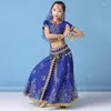 Stage Wear Dance Children Belly Bollywood Costume Set Girls Flowers Outfit 5pcs (Top Belt Skirt Veil Headpiece)