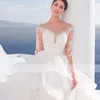 Beautiful Ruffles Ball Dresses Illusion Scoop Neck Beach Bridal Cascading Tiere Wedding Gown with Long Sleeve 0516