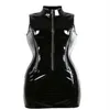 Top qualidade gótico punk gola alta sem mangas catsuit bodycon feminino preto pvc mini vestido brilhante zip up molhado olhar vestido nig283c