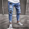 Jeans pour hommes Streetwear Hommes Ripped Skinny Biker broidery Badge Cartoon Jeans Destroyed Ho Slim Fit Denim Pantalon Hip Hop Black Jeans 0408H23