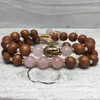 Strand WMB31463 Rose Quartz Sandalwood Riverstone Wrist Mala Healing Stone Prayer Beded Subled Barelet Gold Plated