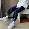 Damenhosen Damen Denim Dunkelblau Plus Size Jeans mit hoher Taille und weitem Bein für koreanische Modemanschetten Locker sitzende gerade Jeans