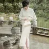 エスニック服2023中国の伝統ドレスQipao Lady Vintage Cheongsam Oriental Eventido Long Sleeve White