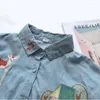 Women's Blouses & Shirts Soft Denim Material Embroidery Women Long Shirrts Vintage 2023 Blue Straight Short-Sleeved Casual Female Outwear Co