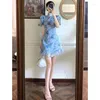 Vêtements ethniques Été Français Manches courtes Robe chinoise moderne Amélioration Cheongsam Fille Blue Print Robes de mode Qipao