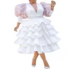 African Women Plus Size White Party Dress Vintage Puff Sleeve Cute Ruffle Tiered Layered Summer Spring Ladies Club Mini275L