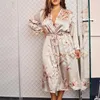 Mulheres sleepwear XL-5XL v-pescoço roupão vestido impressão mulheres cetim quimono robe manga longa verão casual solto loungewear casa roupas