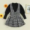 Kleidungssets FOCUSNORM 4-7Y Mode Kleinkind Kinder Mädchen Kleidung 2 Stücke Outfits Lange Puffärmel Solide Tops Plaid Hosenträger Rock