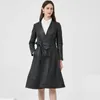 Jaqueta de couro feminina 2023 primavera longo trench coat senhoras do escritório com cinto genuíno outono blusão elegante nat