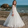 Kız elbiseler beyaz kabarık tül çiçek elbise dantel aplike uzun kollu düğün küçük çocuk doğum günü partisi yarışması kutlama
