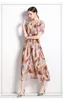 2023 Casual Kleider Sommer Blume Gedruckt Urlaub Plissee Lange Kleid Frauen V-ausschnitt Fliegen Kurzarm Hohe Taille Schlank Strand Boho robe