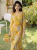 Casual Dresses Summer Lady Beach Dress Romantic Chic Design Yellow Print V-Neck Loose Sexy Slit For Party Night Vestido Festa