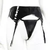 Kvinnor svart sexig strumpebälte våt utseende lack läder hängslen med matchande thong nattklubbfest underkläderuppsättningar