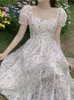 Casual Dresses French Fairy Elegant Dress Floral Print Chic Slim Puff Sleeve Sweet Midi Even Party Beach Boho Summer For Women 2023Casual