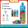 Sunfire 9000 Puff 9k Pen de vape jetable E cigarette 600mAh Batterie rechargeable 18 ml Pod Mesh Coil Vaper Vapes Disposable Puff 10000 Tornado eu