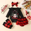 ベビー服のクリスマスキッズ服セットかわいい4枚セット長袖レターシカの印刷ロンパー+チェッカースカートショーツ+ズボンカバー+ヘッドバンド4PCSスーツ