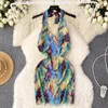 Casual Dresses Europe And Ameirica Style Girl Tie Dye Halter Neck Strap Dress Women Summer Backless V-Neck Slimming Fit Short