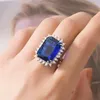 Cluster Rings Luxury Square Blue Crystal Bague Fine Jewelry Sapphire Gemstones Zircon Diamonds for Women White Gold Silver Color Bijoux