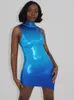 Casual Kleider Sexy Ärmelloses High Neck Bodycon Mini Kleid Frauen Chic Elegante Party Club Enge Kurze Tanks 2023 Sommer Blau orange