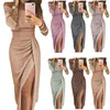 Robes décontractées robe femmes été couleur unie Slash cou trois quarts manches taille haute robes goutte LDMQZ181012