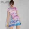 Designer Mesh Summer Bodycon Dress Women Pink Cloud Print Stand Collar Kort ärm Tight Mini High Fashion 210427227I
