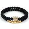 Strand Bracelets Men's Vintage 6mm Natural Black Frosted Copper Beads Crown Men Beaded Bracelet