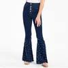 Women's Jeans High Waist Stretch Pearl Women Flare Pants Wide Leg Boot Cut Denim Trousers Beaded Diamonds Bell Bottom Palazzo Bootcut