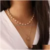 Pendant Necklaces Elegant Imitation Pearl Water Drop Semiprecious Stone Necklace Women Vintage Geometric Clavicle J Dh5E4