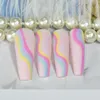 False Nails Extra Long Ballerina Coffin Press On Pink Colorful Wave Line Rubber Matte Manicure Reusable Fake Tips