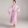 Stage Wear 2023 Women Ballroom Dance Dress Mesh Patchwork Lotus Sleeve Tango Foxtrot Performance Professional Waltz Costumes FLHY0380