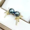 Studörhängen Meibapj 925 Sterling Silver Bow Black Round Natural Pearl Ear Studs Fine Charm Wedding Jewelry for Women