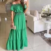 Casual Dresses Women Short Sleeve Pleated Beach Long Dress Elegant Solid Color Slash Neck Sexy Off Shoulder High Waist Party