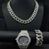 Orologio con diamanti pieni di vendita caldo 20mm Collana cubana con bracciale da uomo, set di gioielli hip-hop dritto 231015